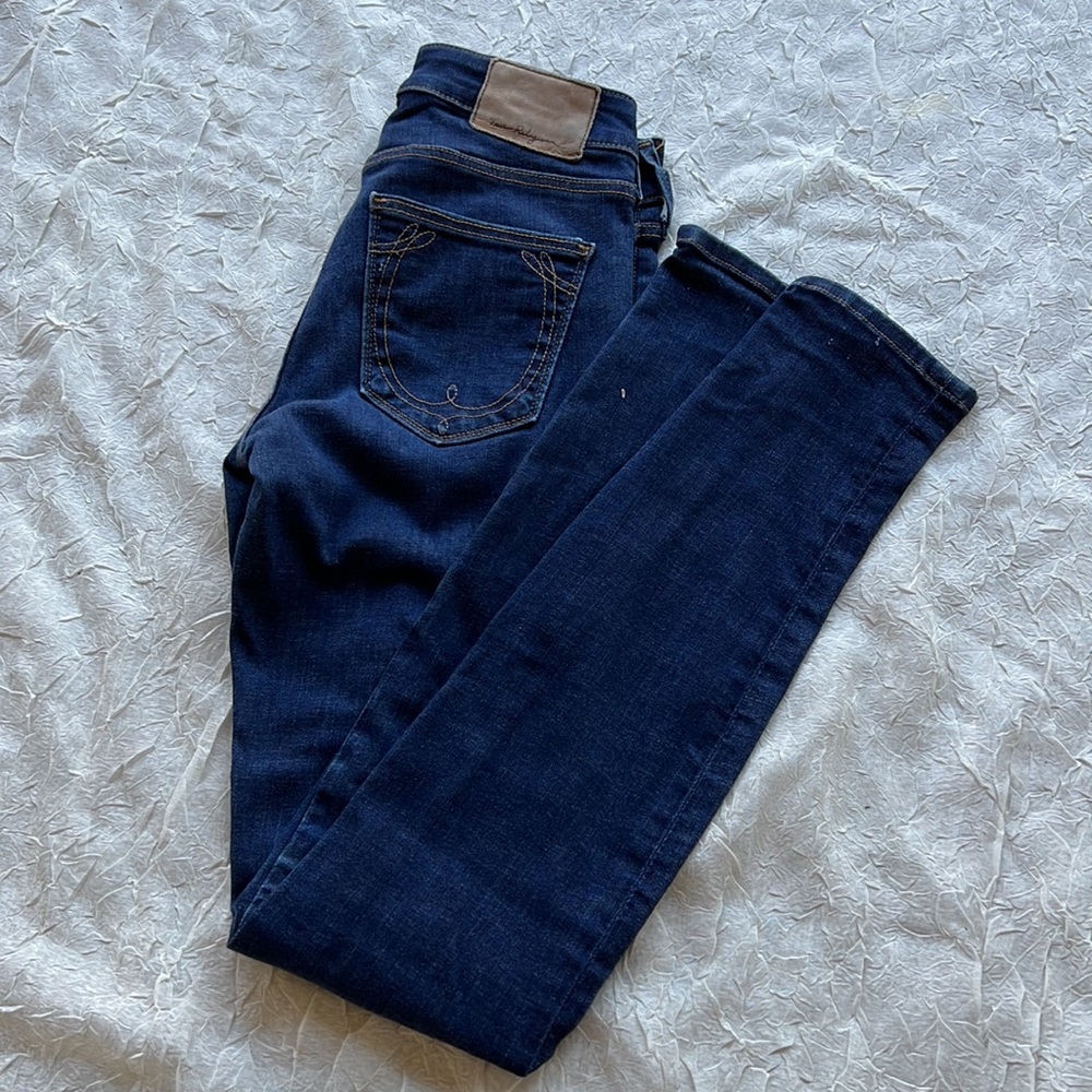 Dark Blue Skinny True Religion Jeans with Front Pocket and Ankle Zippers Size 23